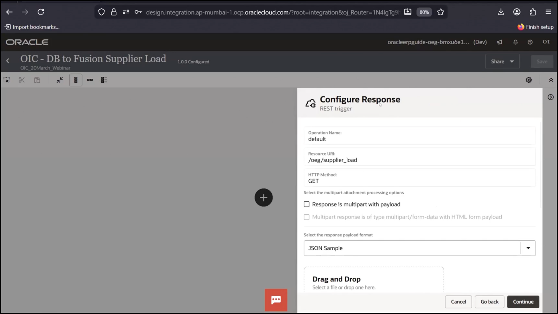 OIC REST configuration screen: selecting REST API type and clicking Continue in Oracle Integration Cloud (OIC)