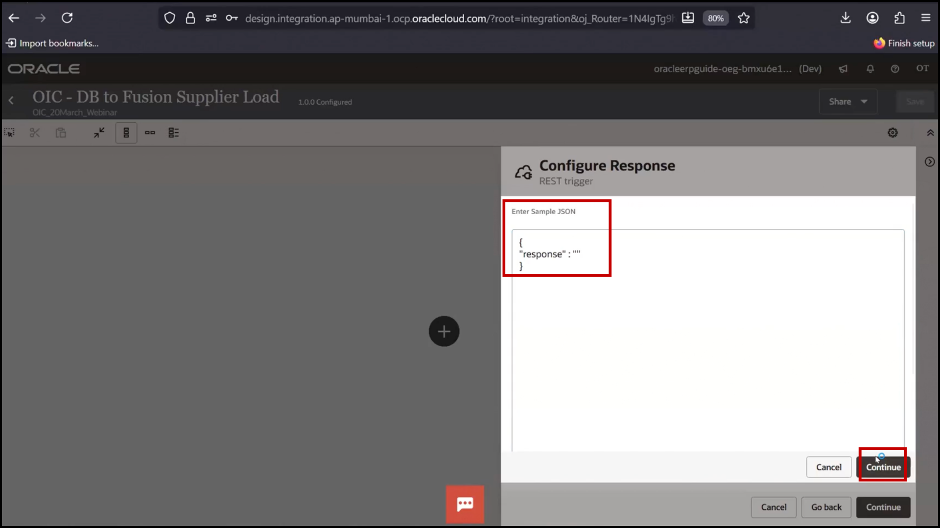 OIC REST configuration screen providing sample JSON payload for API setup in Oracle Integration Cloud (OIC)