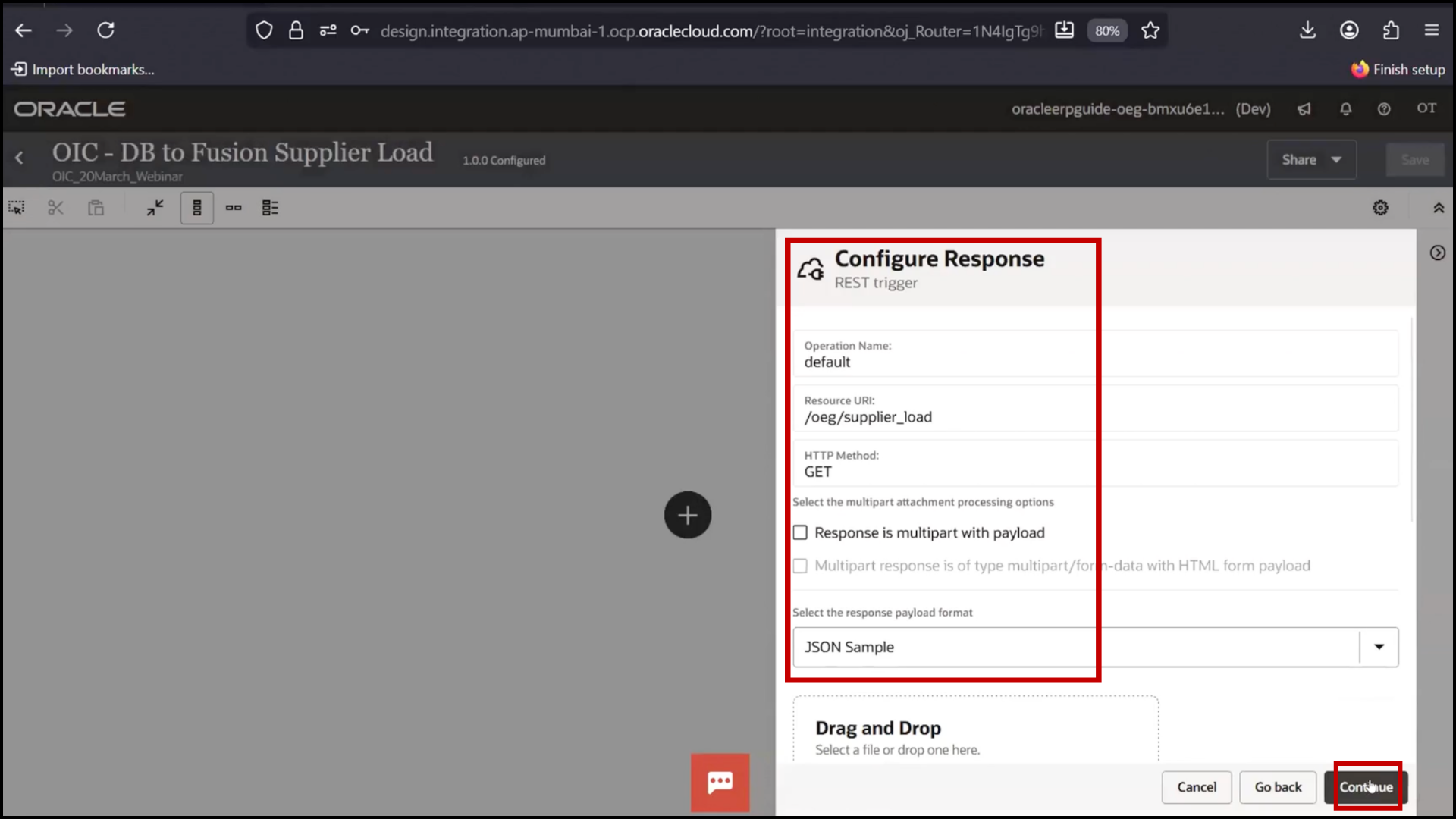 OIC integration setup screen clicking Continue to proceed with configuration in Oracle Integration Cloud (OIC)