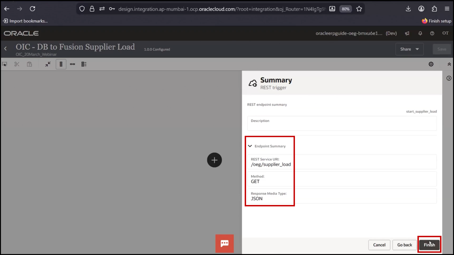 OIC integration setup screen clicking Finish to complete configuration in Oracle Integration Cloud (OIC)