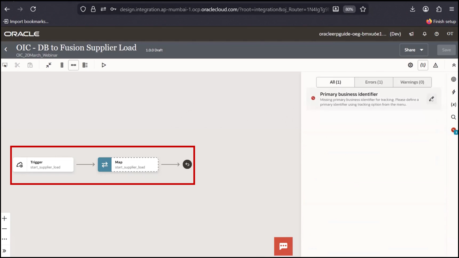 OIC integration error screen identifying missing primary business identifier and clicking Edit in Oracle Integration Cloud (OIC)