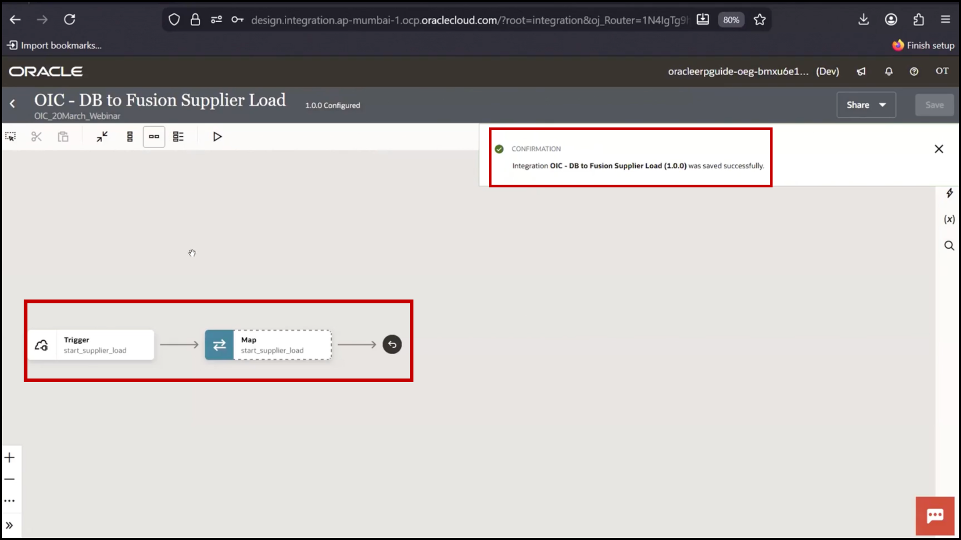 OIC integration status screen showing configured state and ready for testing in Oracle Integration Cloud (OIC)