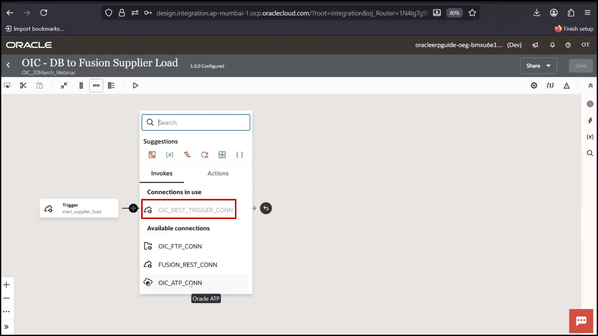 OIC integration flow screen: clicking plus icon after trigger to add new step in Oracle Integration Cloud (OIC)