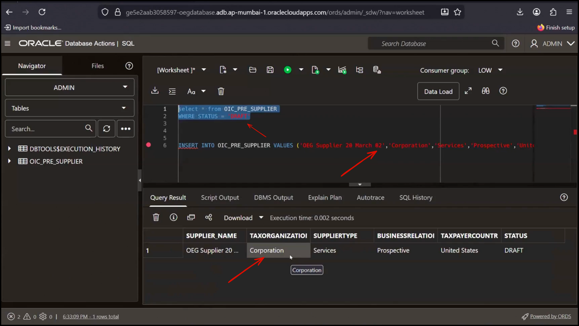 OIC database integration screen writing SQL query to fetch draft supplier records in Oracle Integration Cloud (OIC)