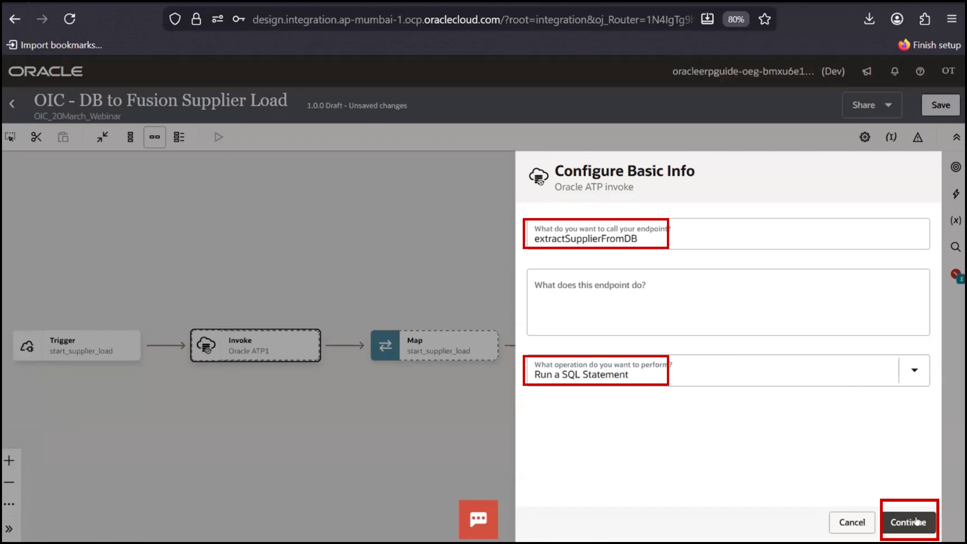 OIC SQL configuration screen clicking Validate and confirming successful validation in Oracle Integration Cloud (OIC)