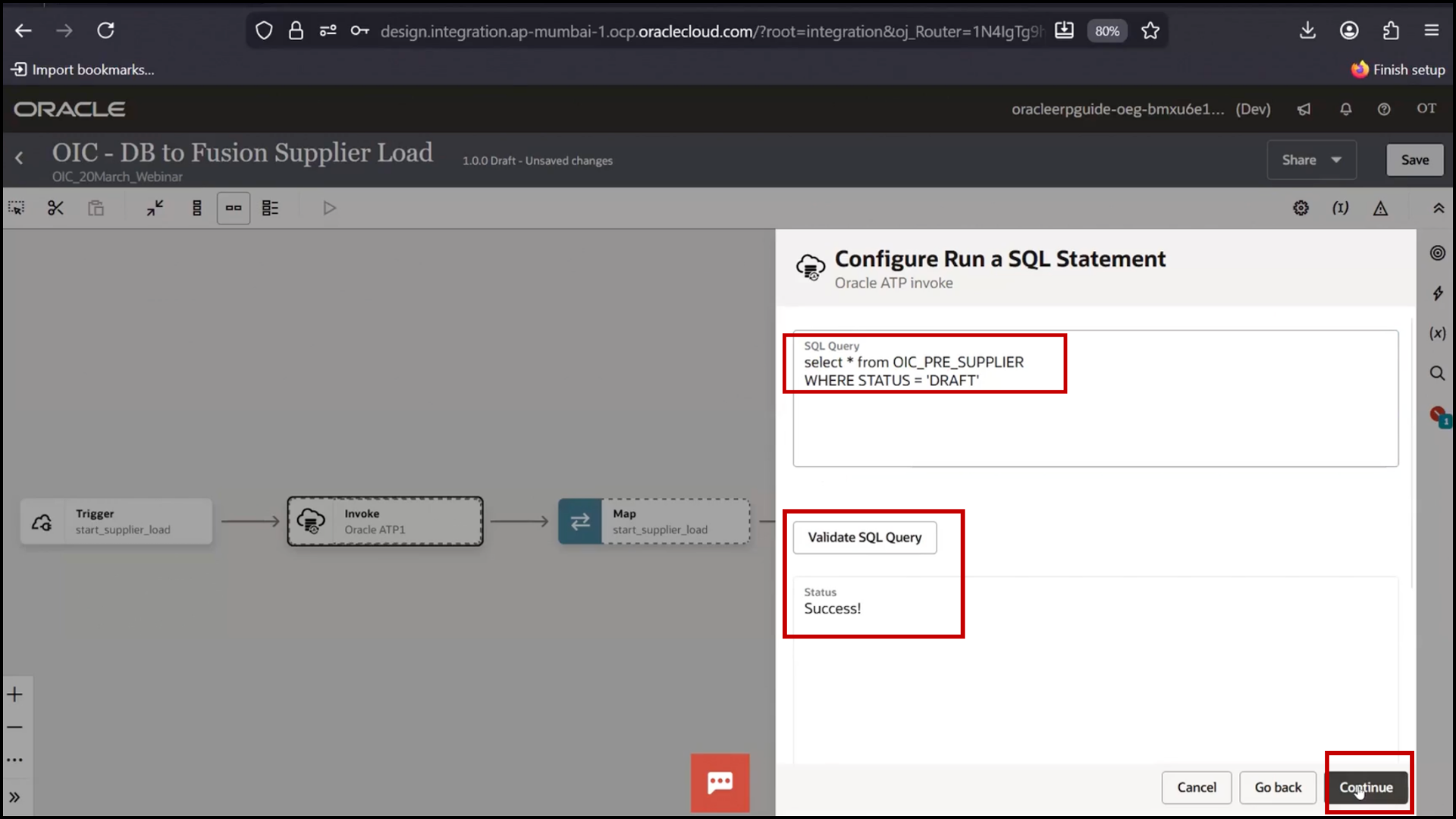 OIC mapper screen validating mapping configuration to ensure no errors in Oracle Integration Cloud (OIC)