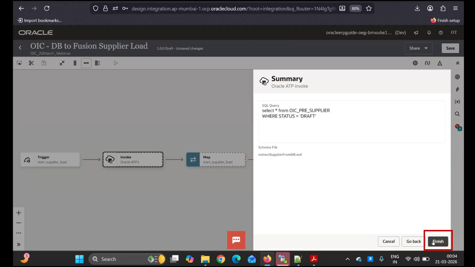 OIC database action screen clicking Finish to complete SQL configuration in Oracle Integration Cloud (OIC)