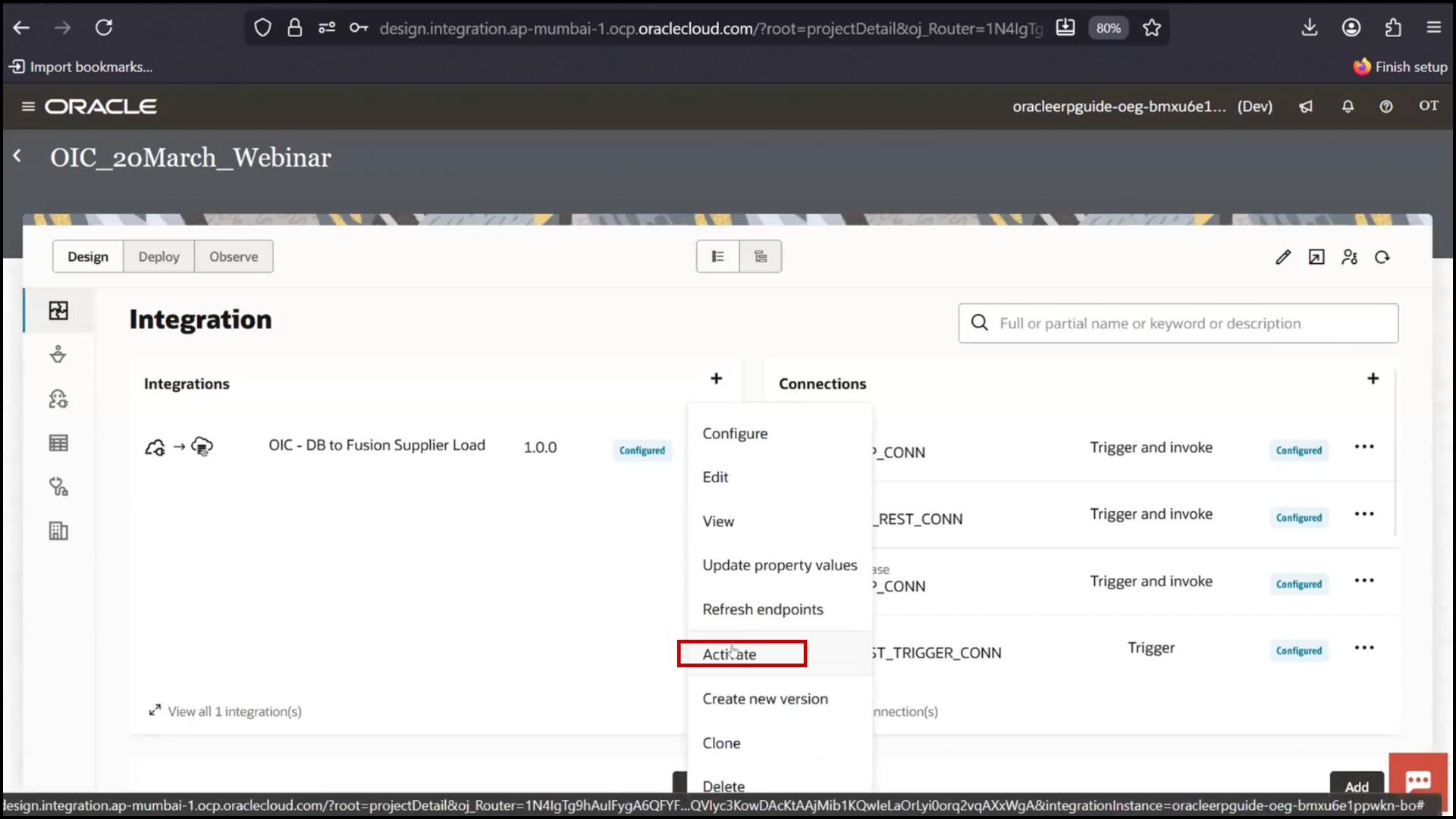 OIC integration screen clicking Activate to deploy integration in Oracle Integration Cloud (OIC)