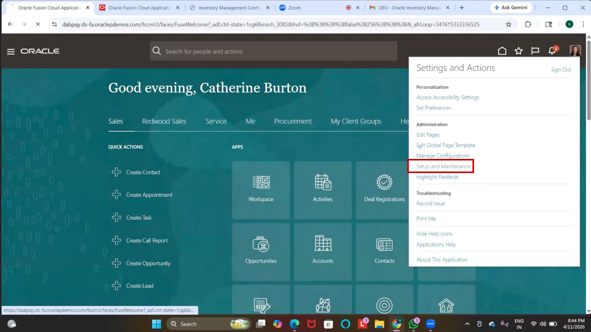 Inventory management setup and maintenance screen in Oracle Fusion Cloud