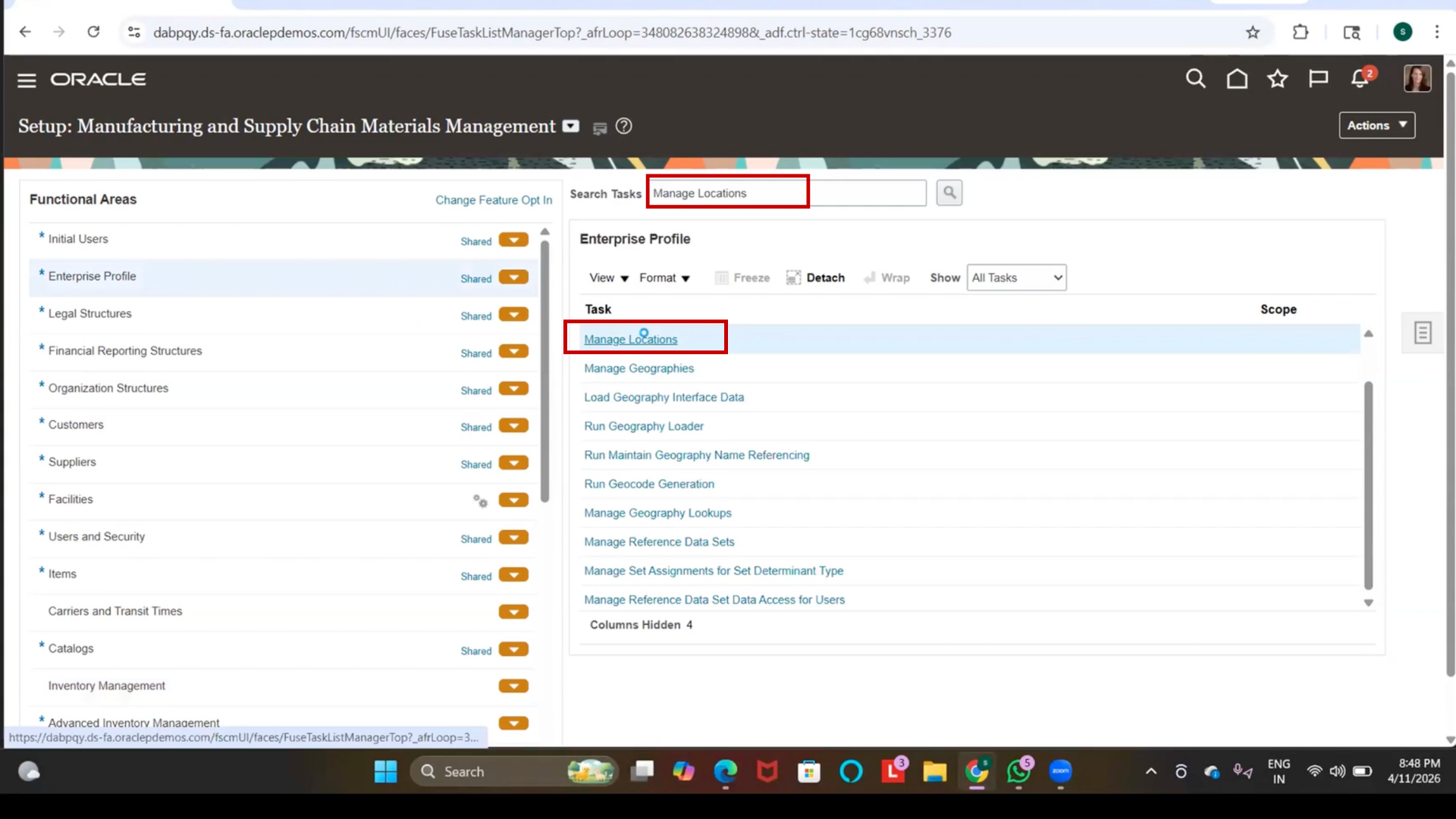 Manage Locations Page Loading
