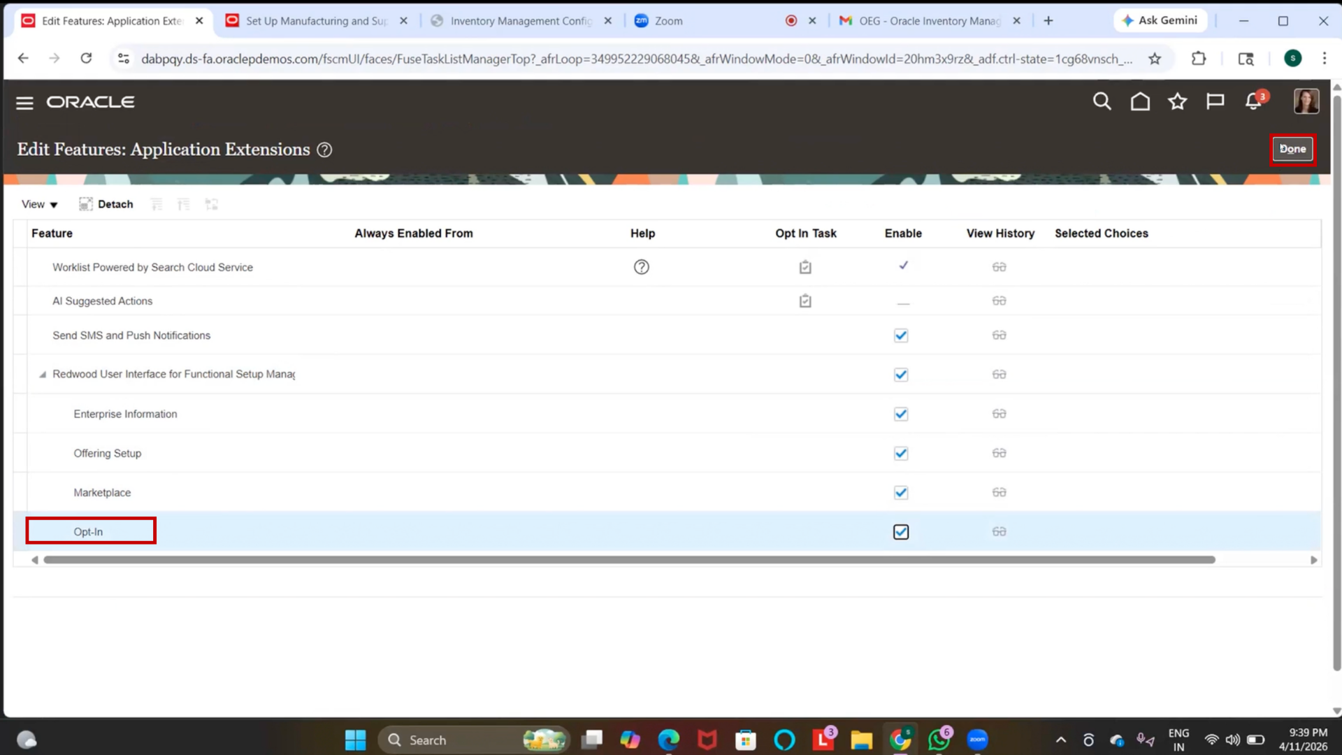 User viewing Opt-In Features settings and clicking the Done button