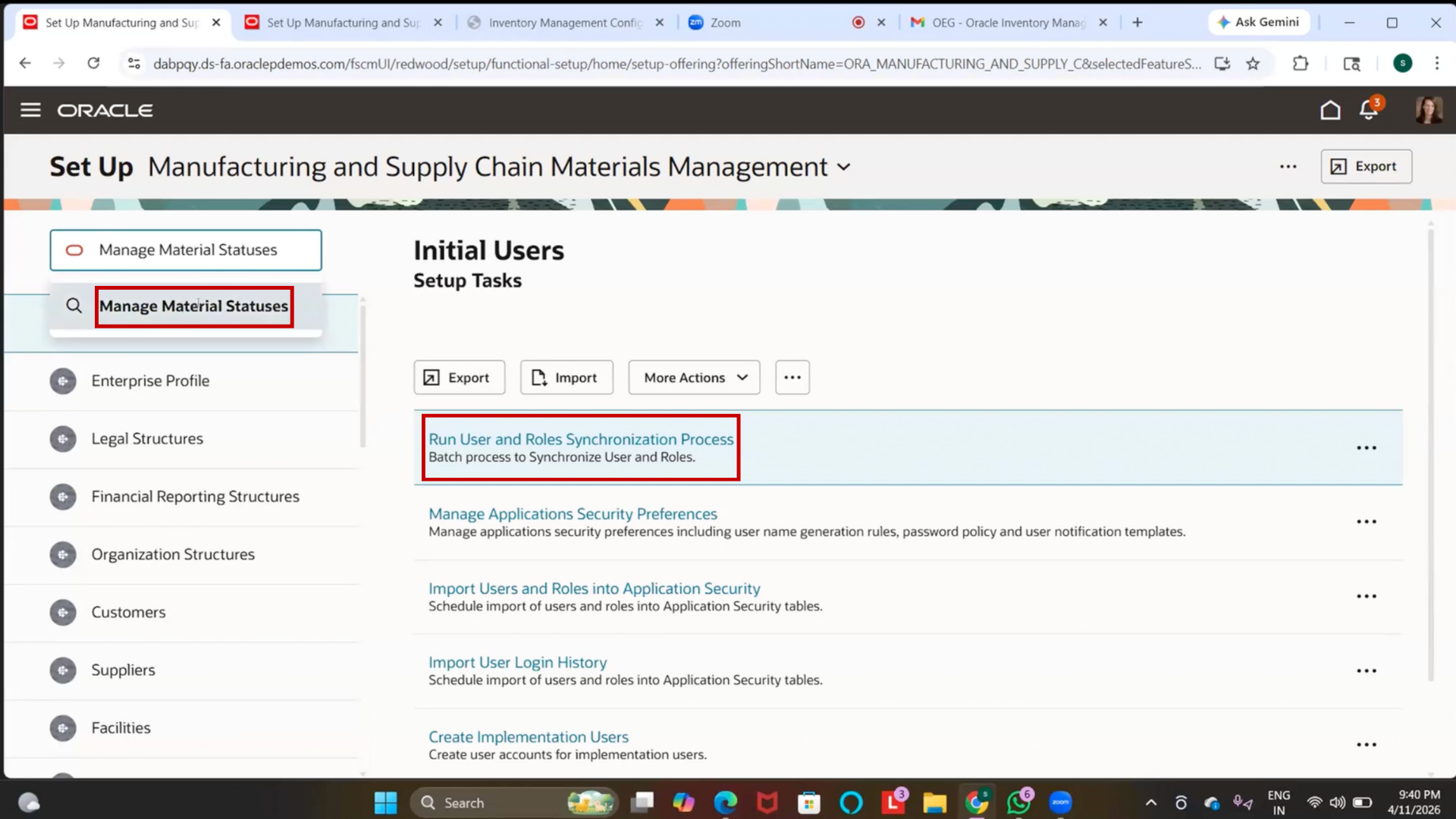 Manage Material Statuses navigation in Oracle Inventory Management