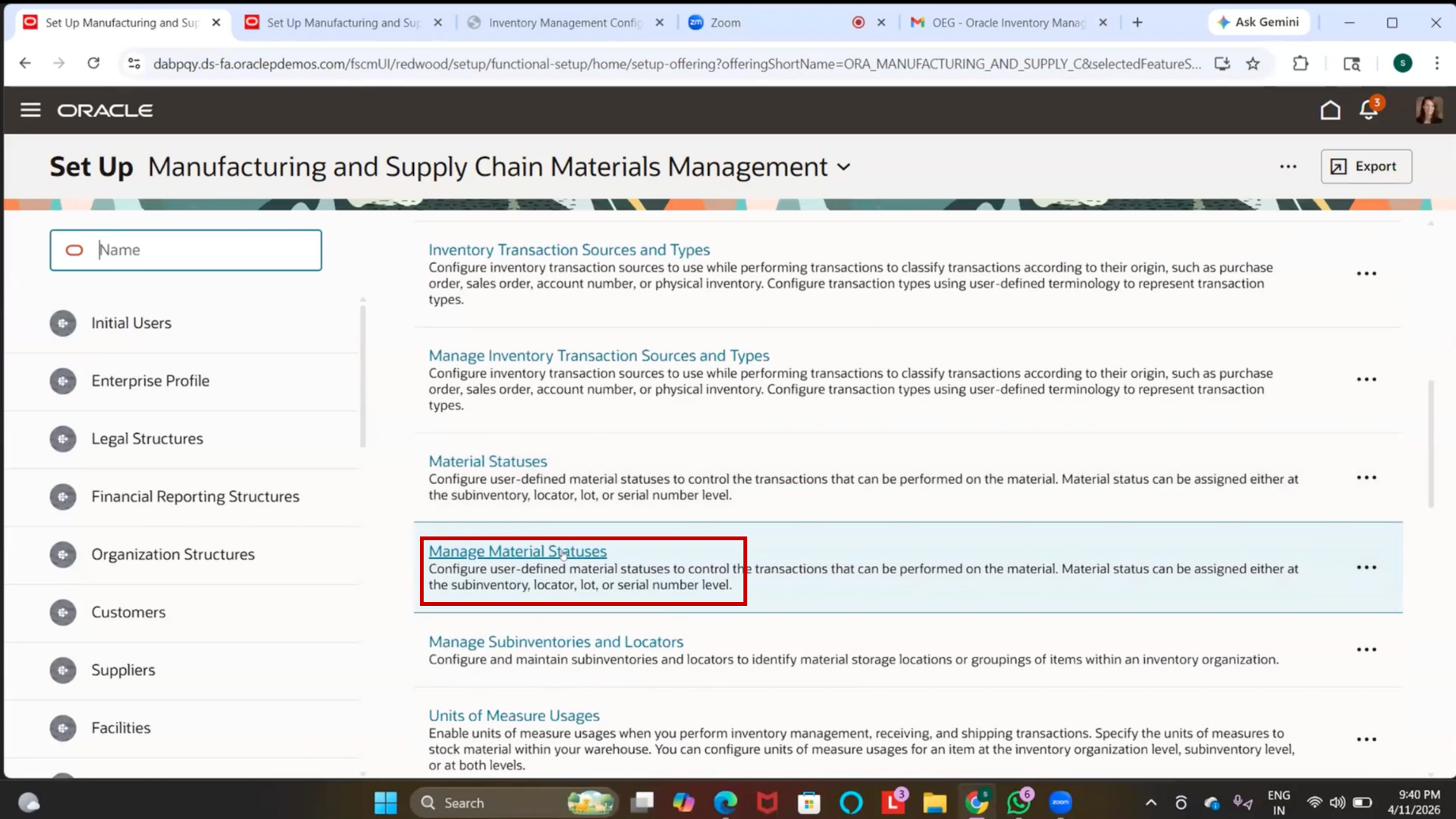 Oracle Fusion SCM material status setup screen