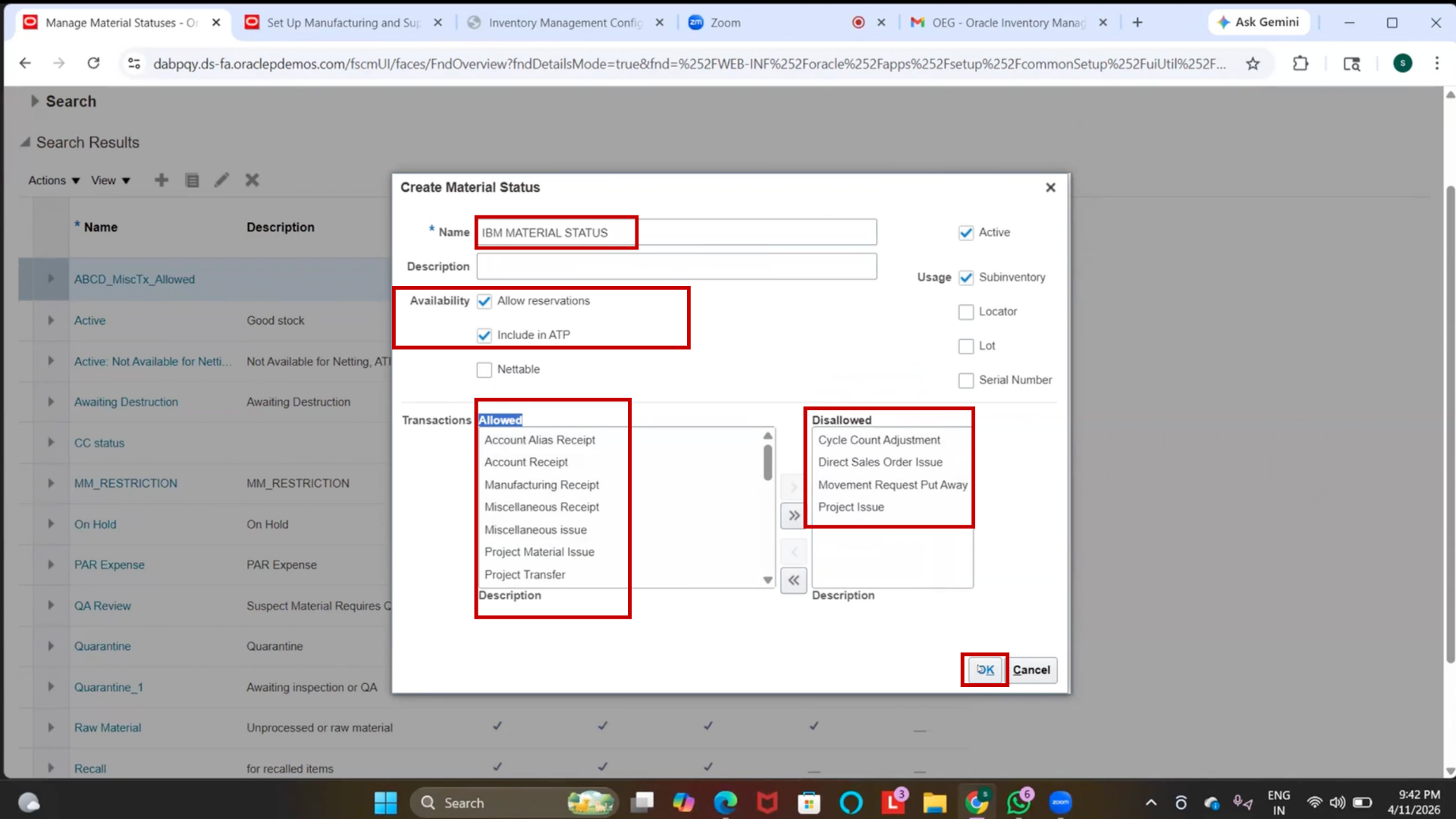 Save IBM Material Status setup in Oracle Inventory Management