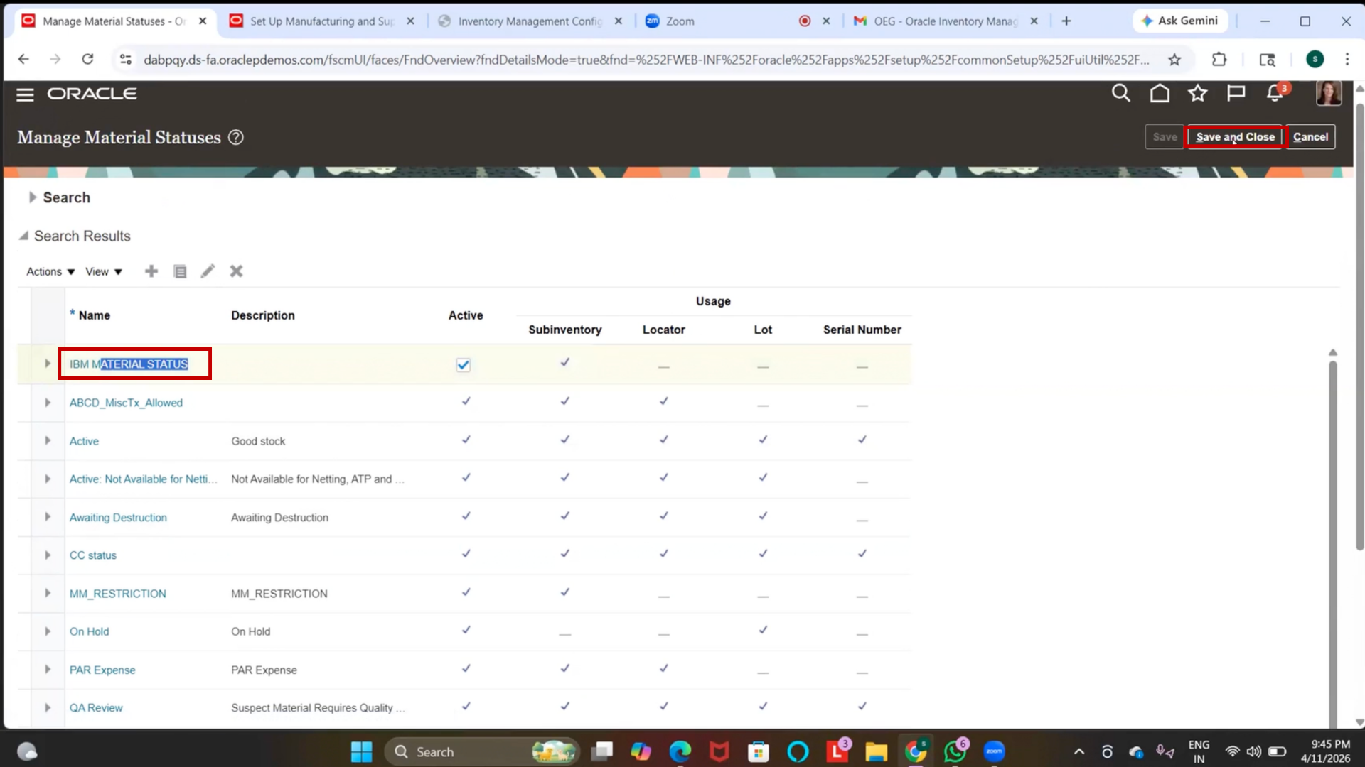 Final material status setup screen in Oracle Fusion SCM inventory management