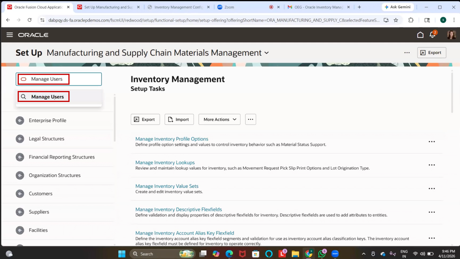 Oracle inventory management user setup screen in Oracle Fusion Cloud ERP