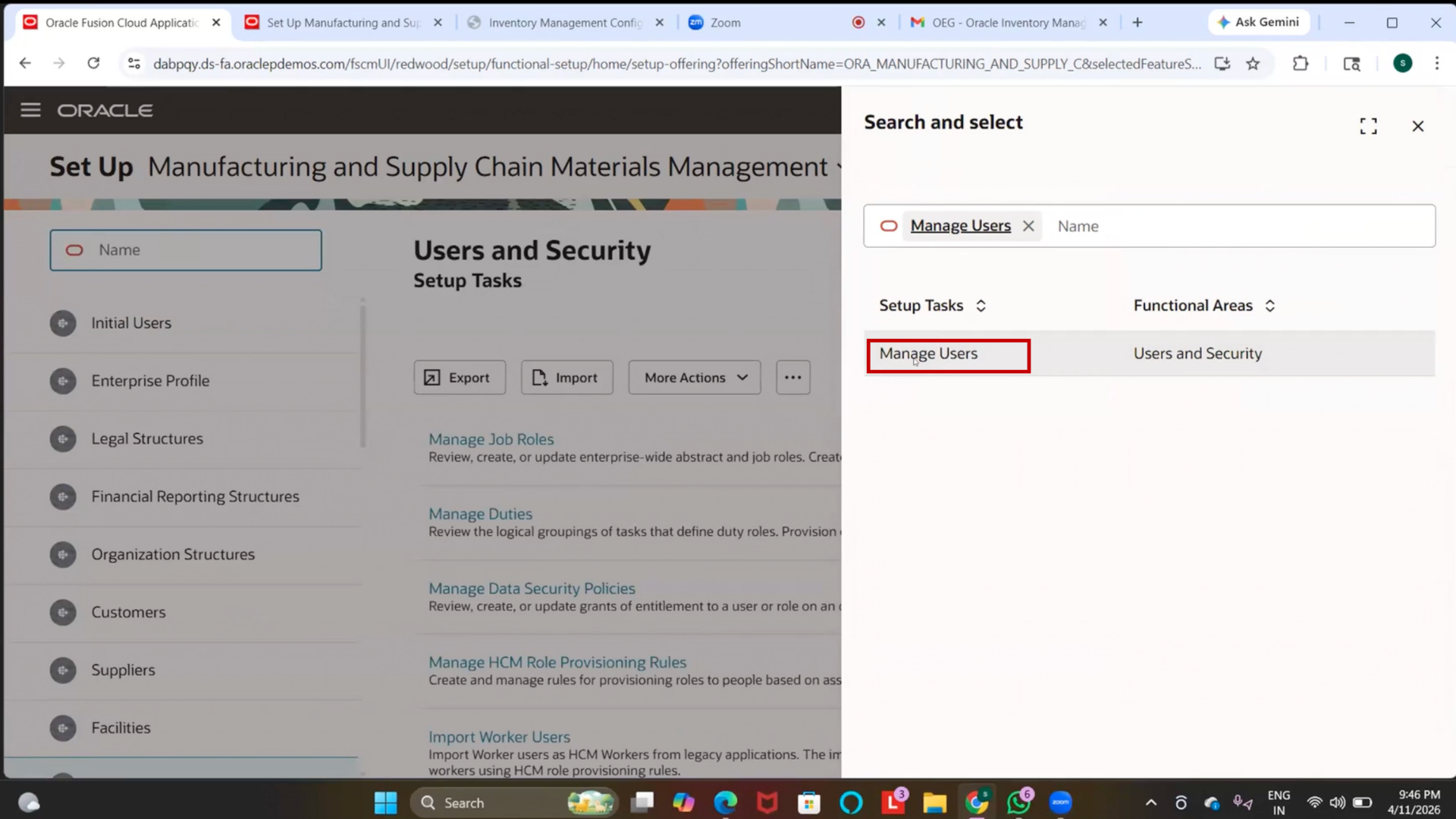 Oracle cloud inventory management setup and maintenance navigation page