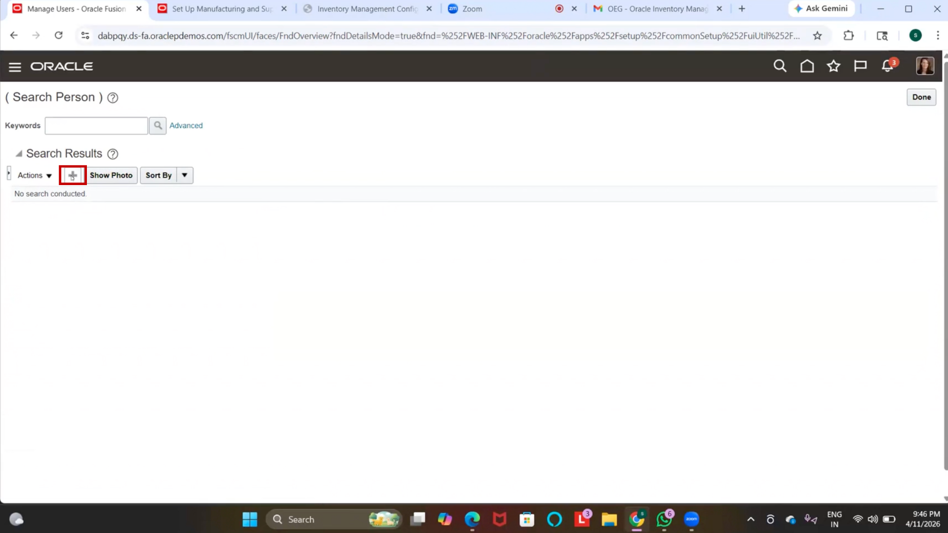 Create employee user in Oracle inventory management system