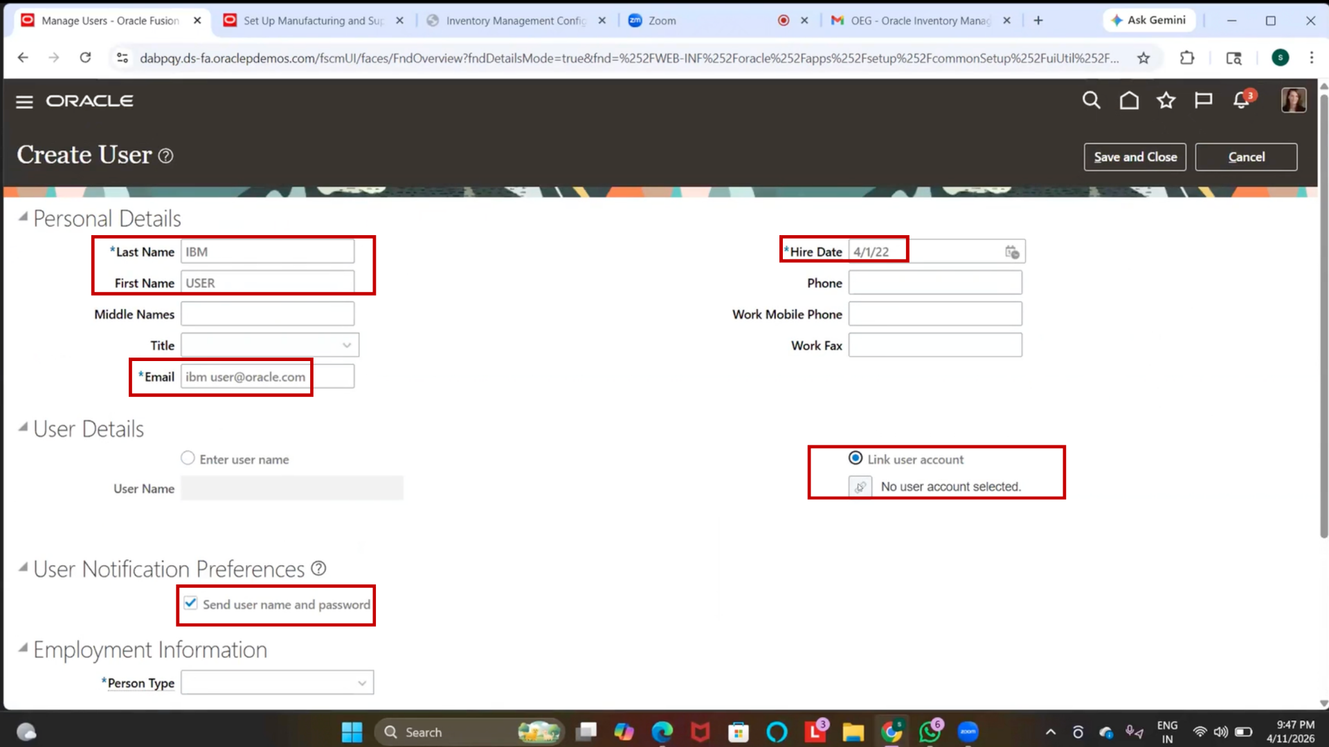 Hire date selection in Oracle cloud inventory employee creation