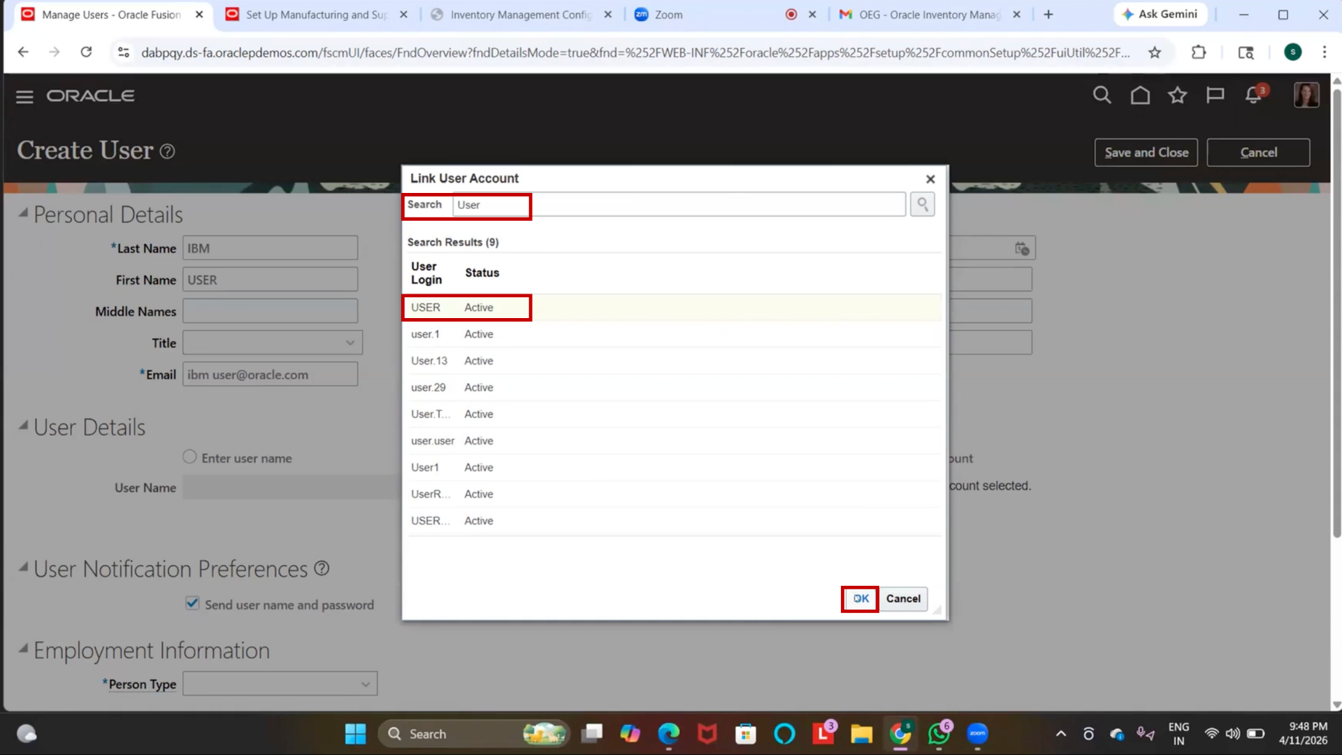 User account selection in Oracle inventory control setup