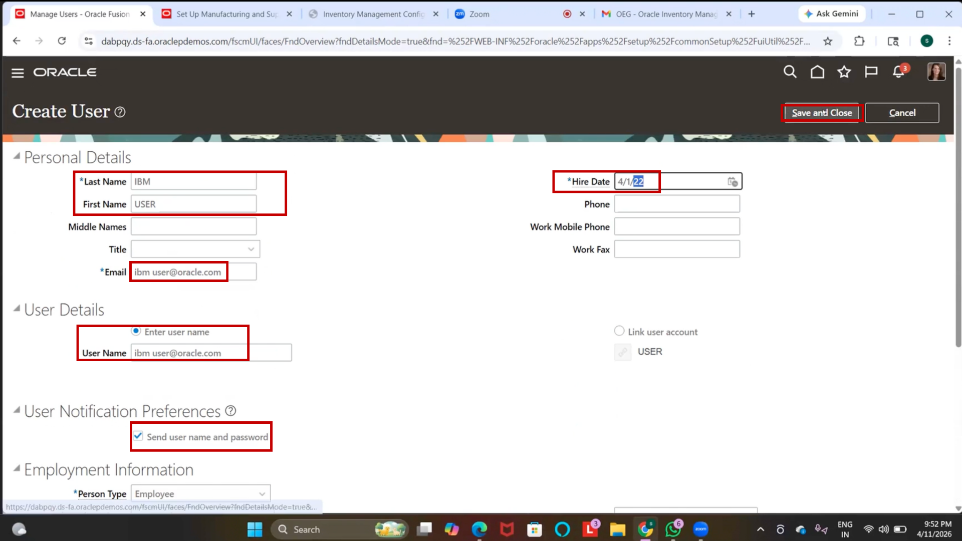 Save employee setup in Oracle inventory management system
