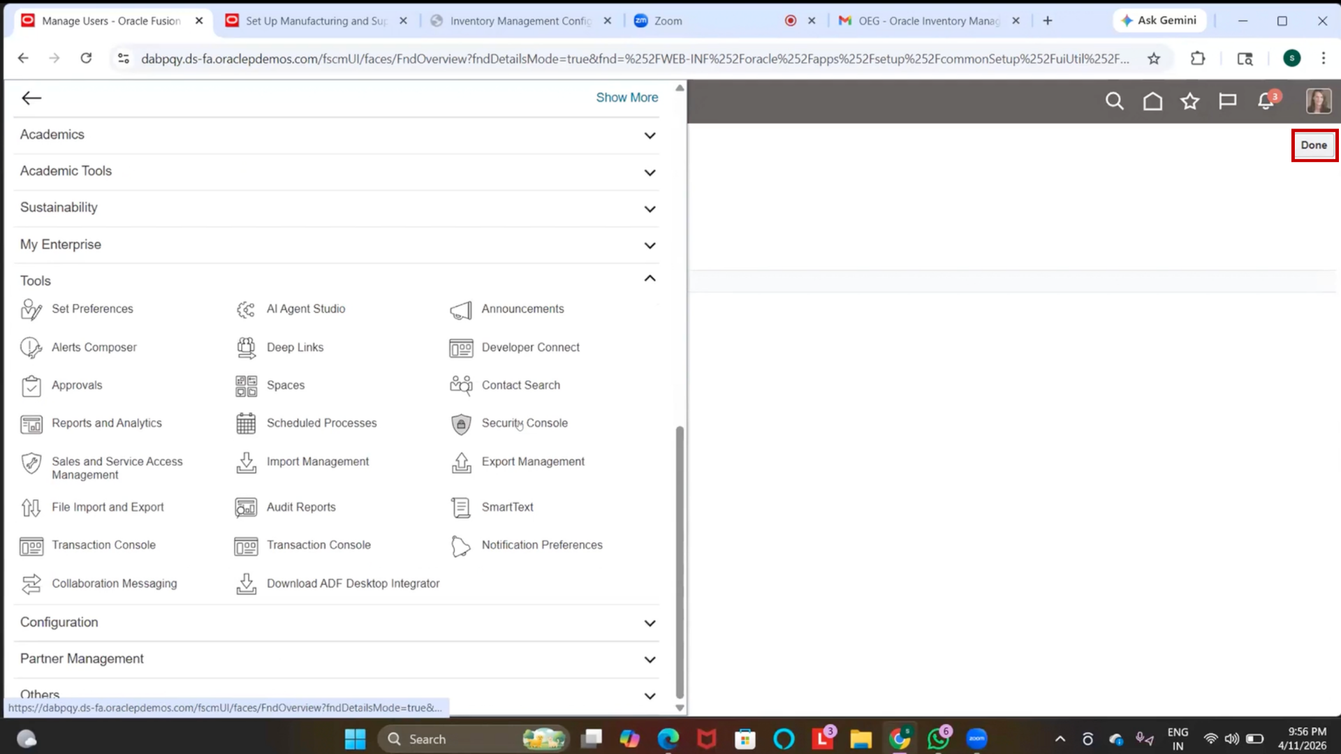 Done button after employee creation in Oracle inventory module