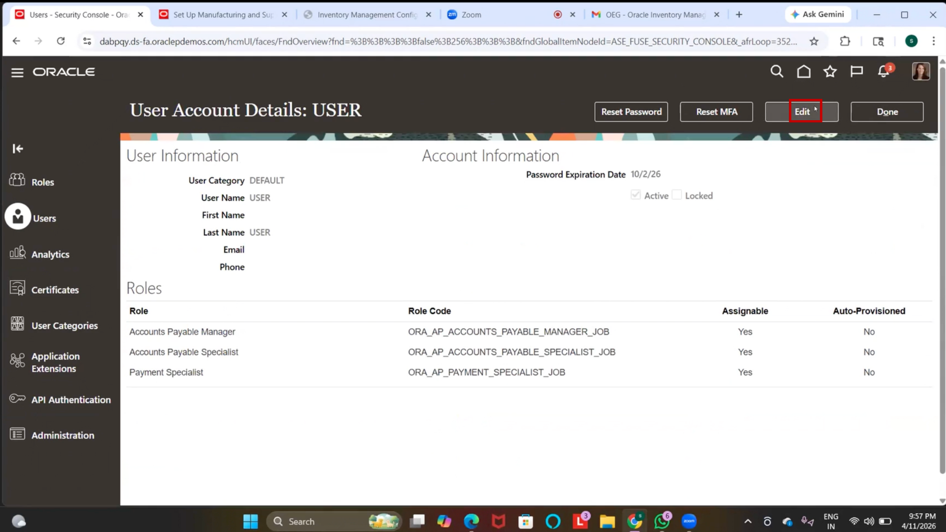 Edit user profile in Oracle cloud inventory management