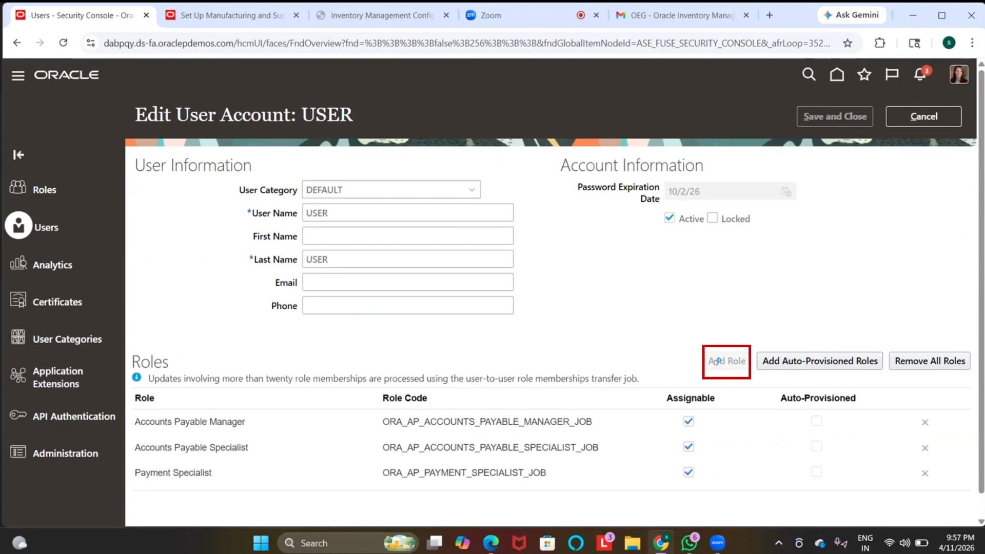 Add role option in Oracle ERP inventory management user setup