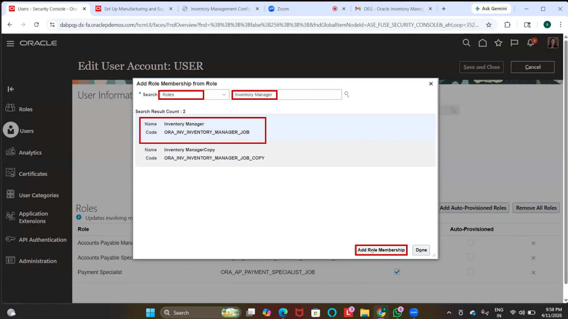 Role membership assignment in Oracle Fusion SCM security setup