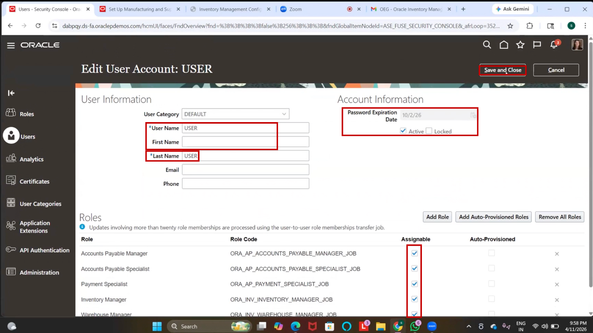 Save security role assignment in Oracle inventory management