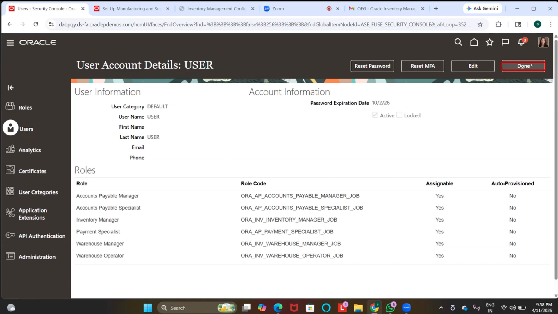Oracle inventory system role assignment completion