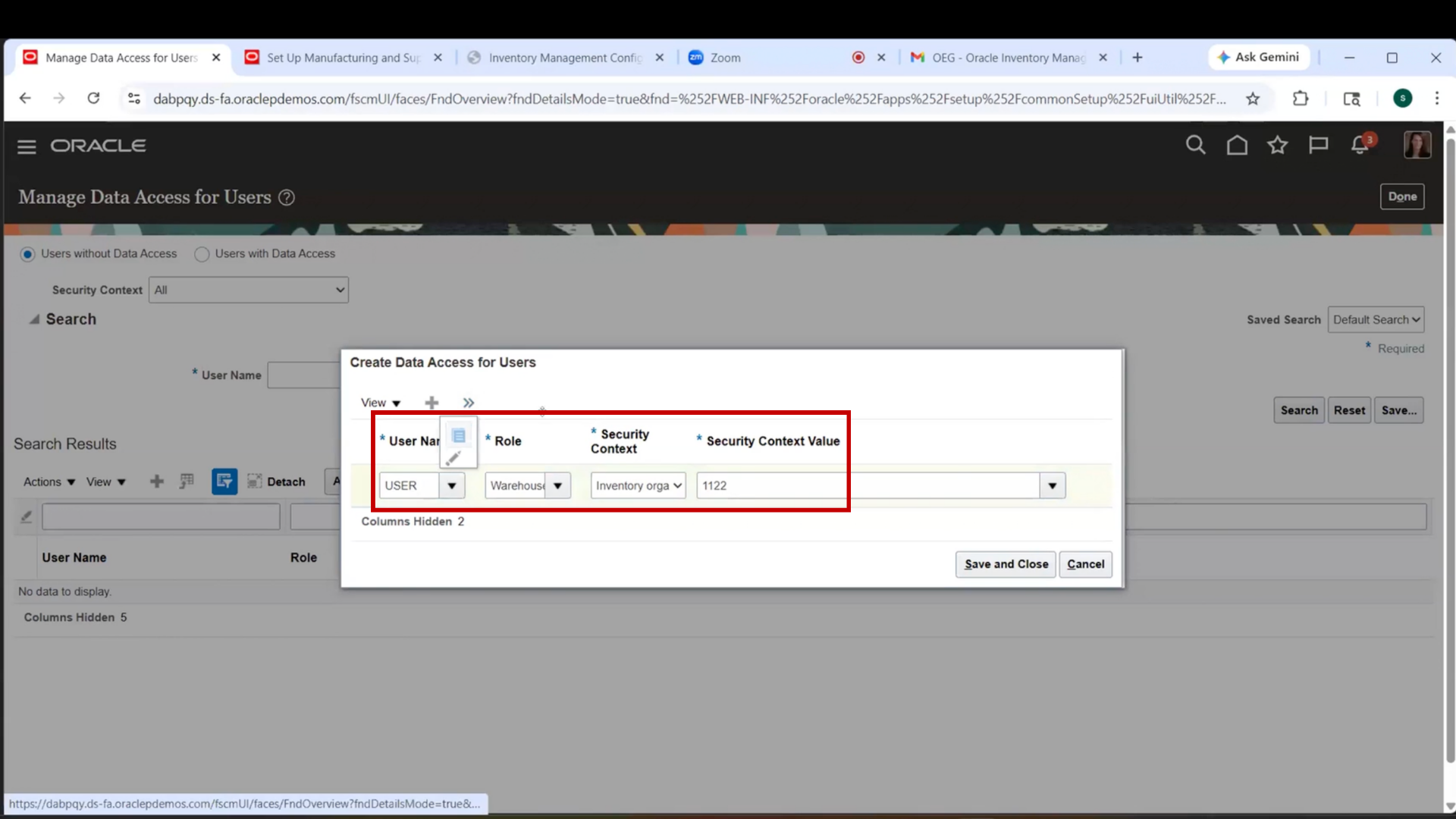 Username selection in Oracle inventory management system