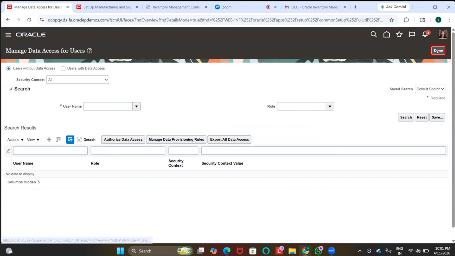Oracle Fusion inventory data access setup completed