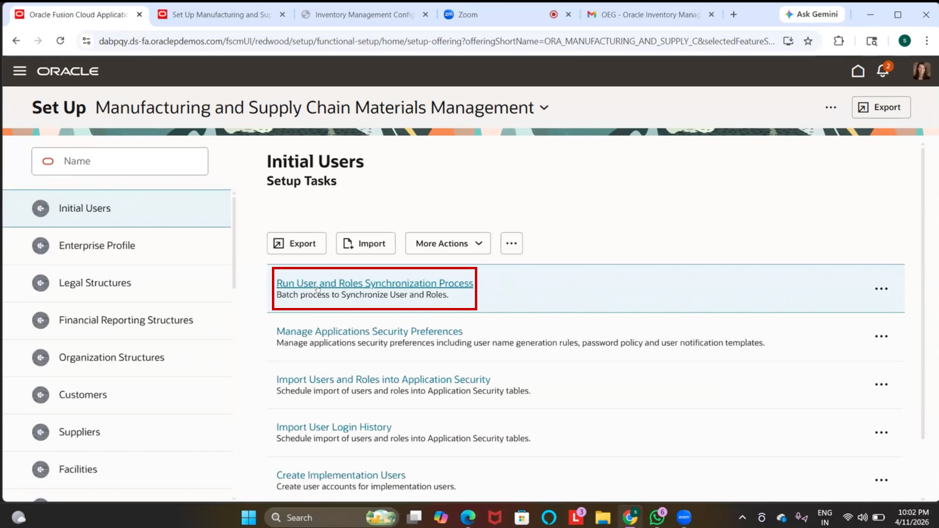 Oracle Fusion cloud inventory management role synchronization process