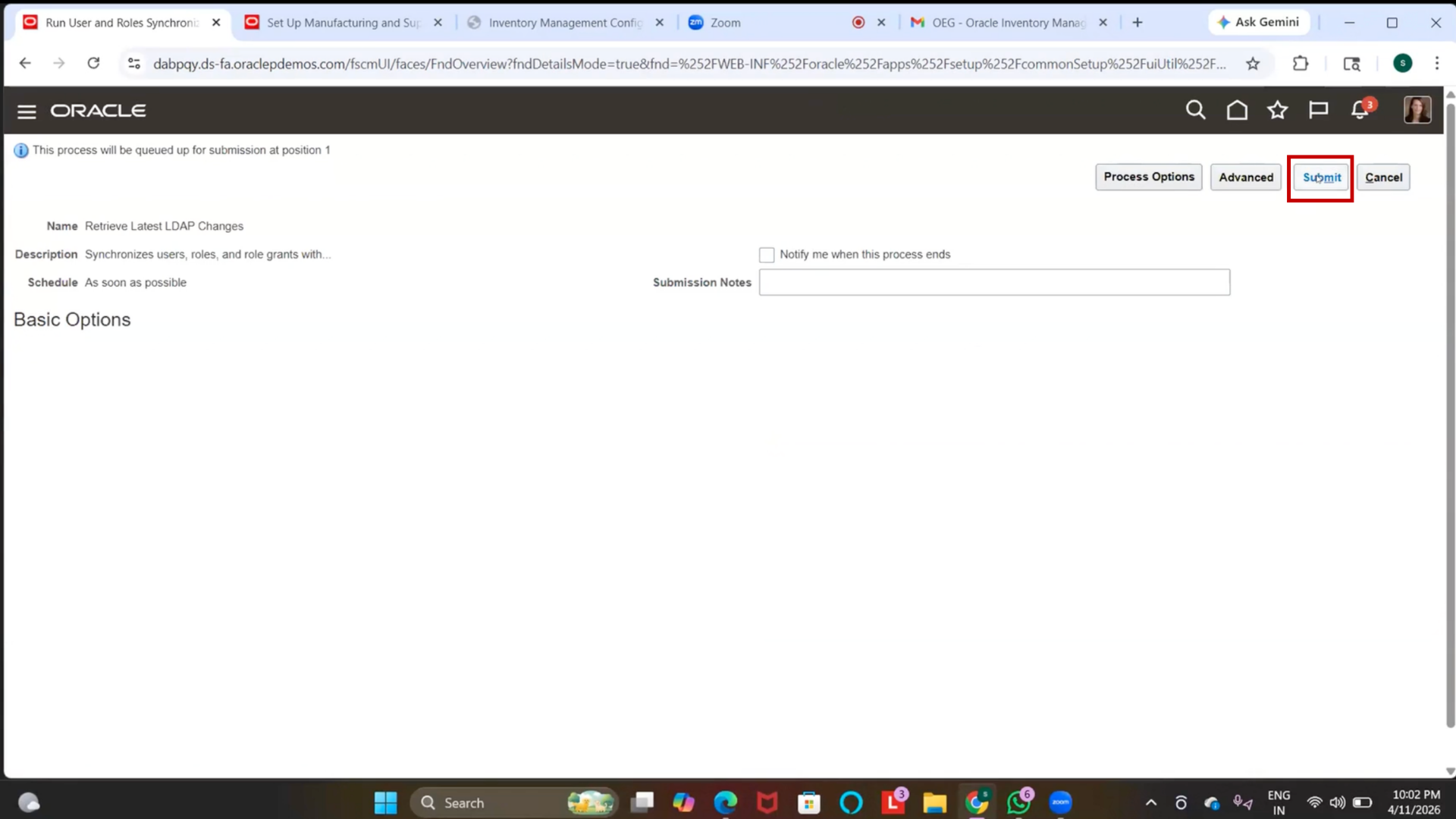 Oracle ERP inventory management scheduled synchronization process