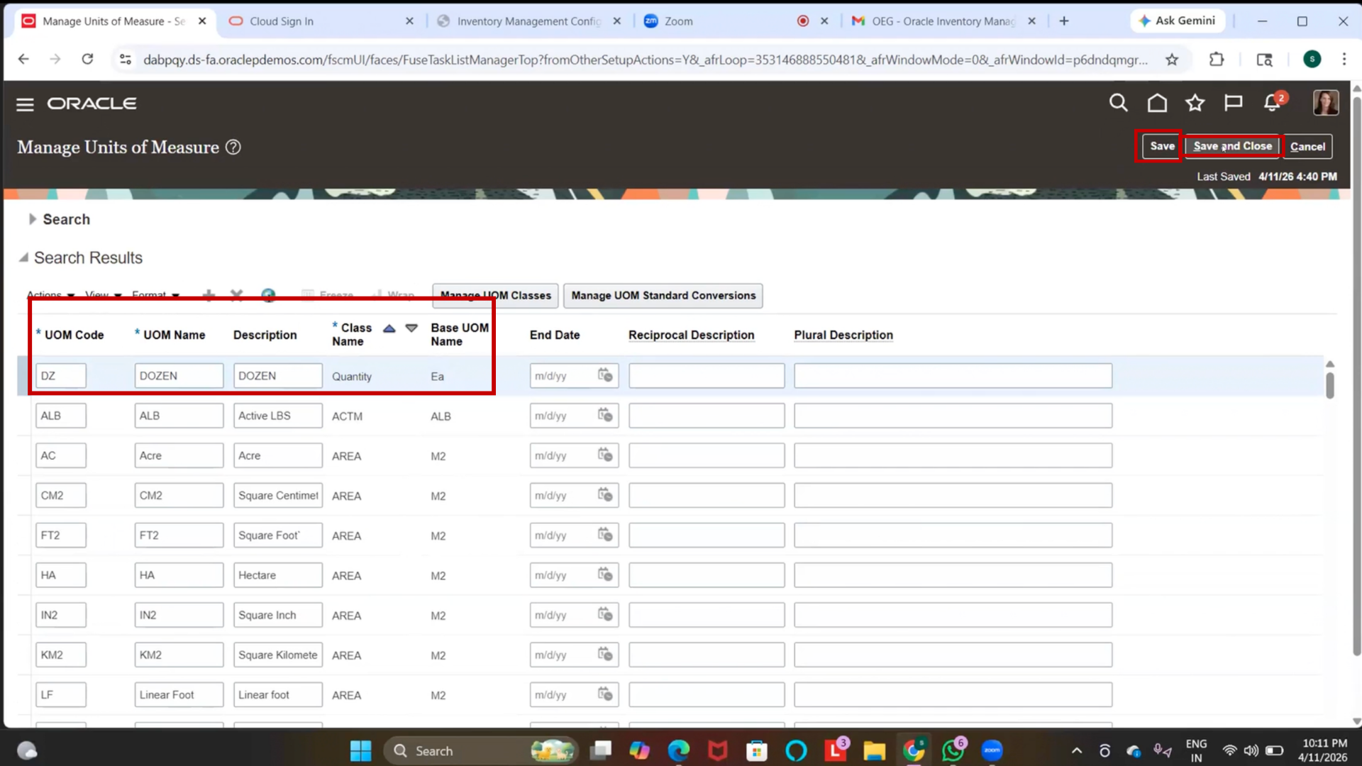 Oracle cloud inventory management: save and close unit setup