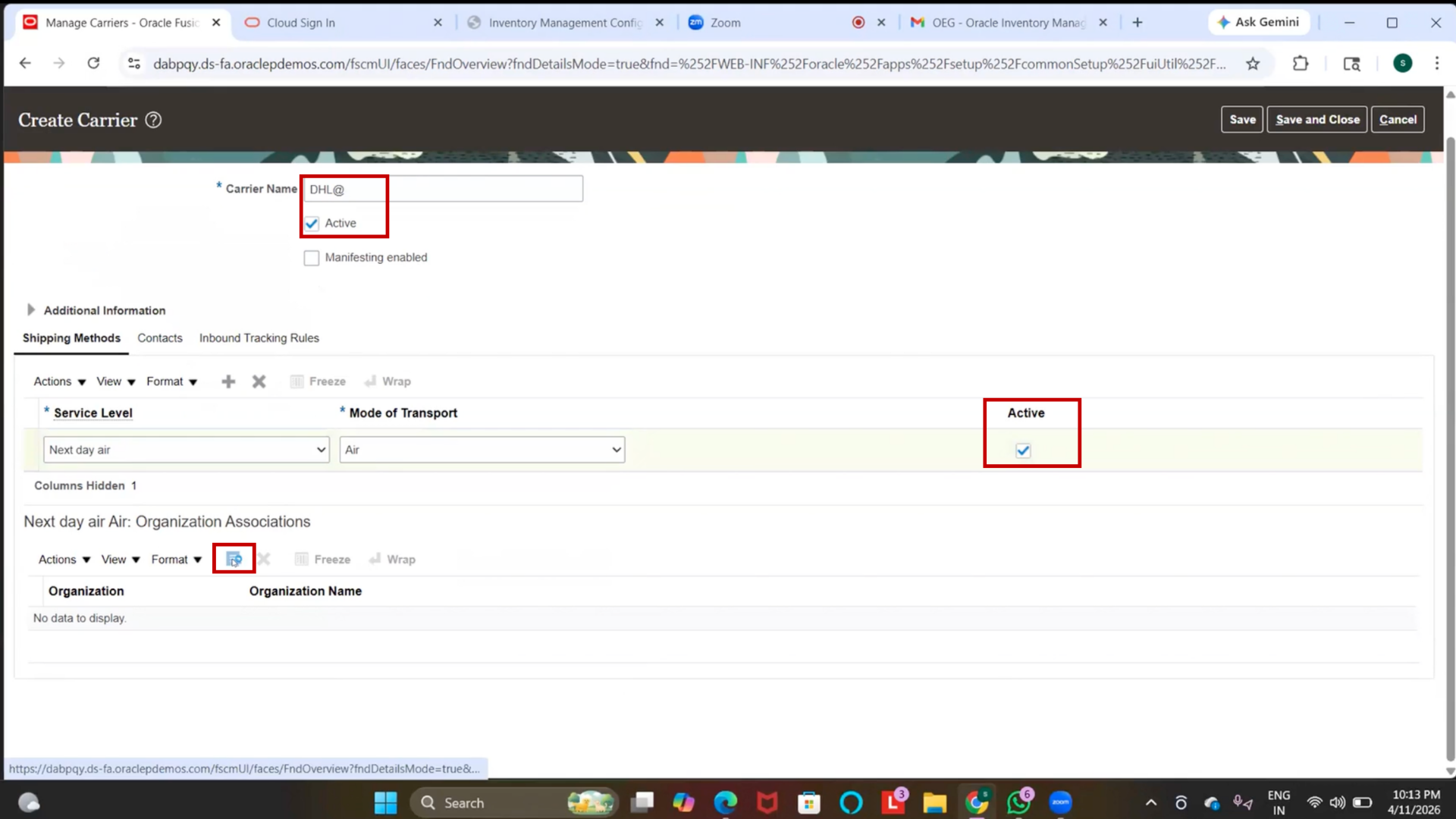 Oracle inventory management assign carrier to inventory organization