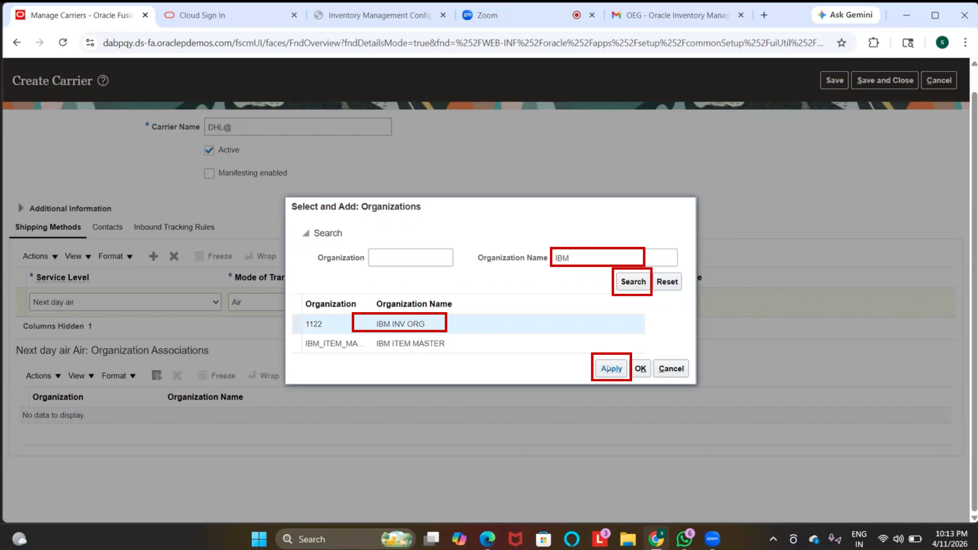 Oracle inventory software apply organization association