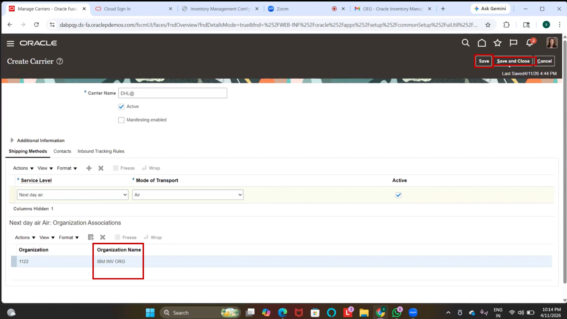 Save carrier configuration in Oracle Cloud Inventory.