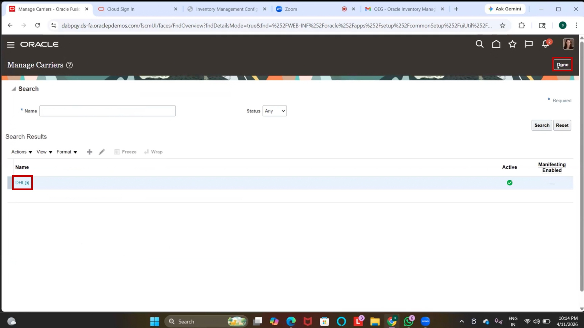 Oracle ERP inventory management carrier setup completed