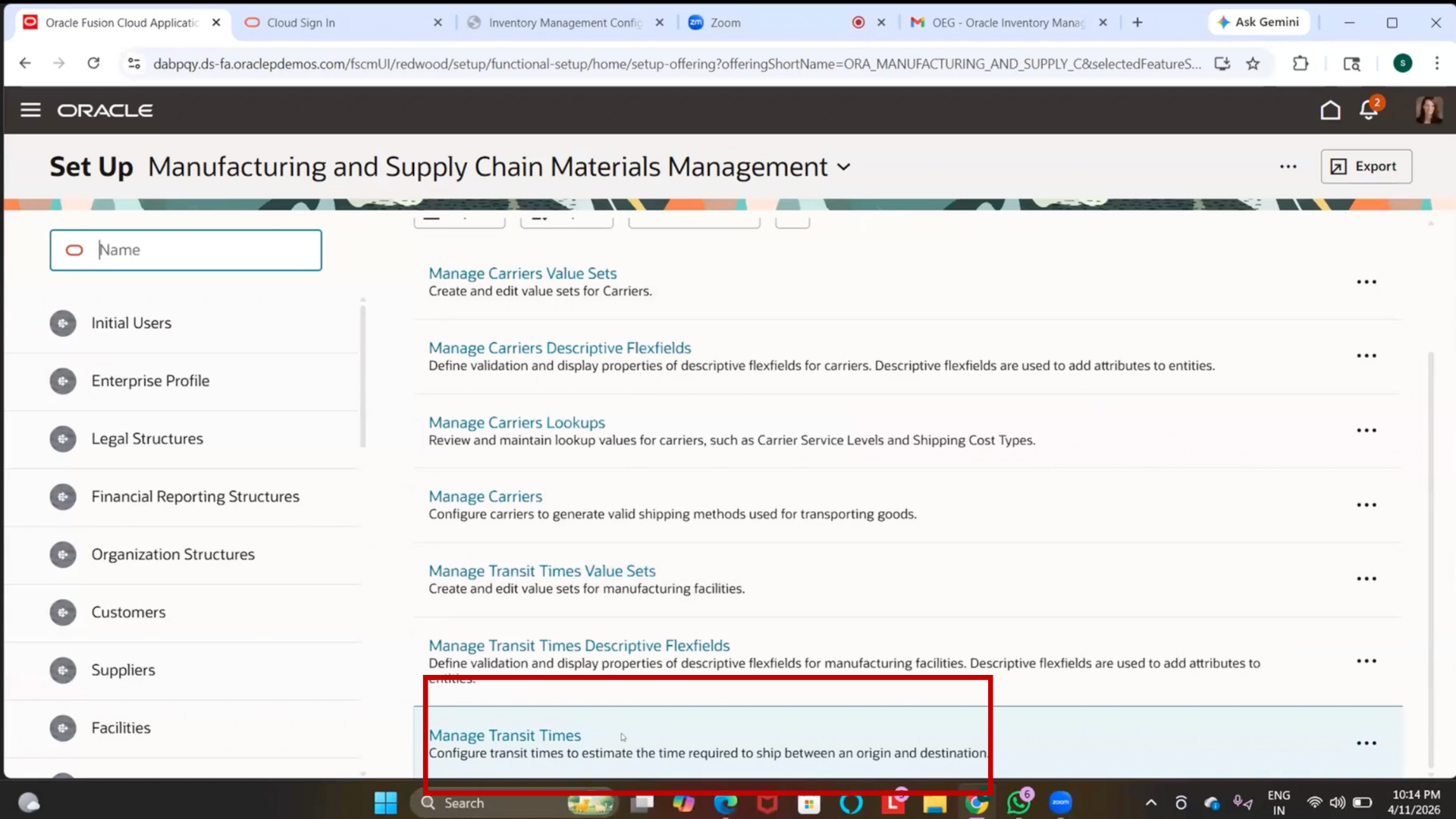 Oracle shipment processing transit time management page