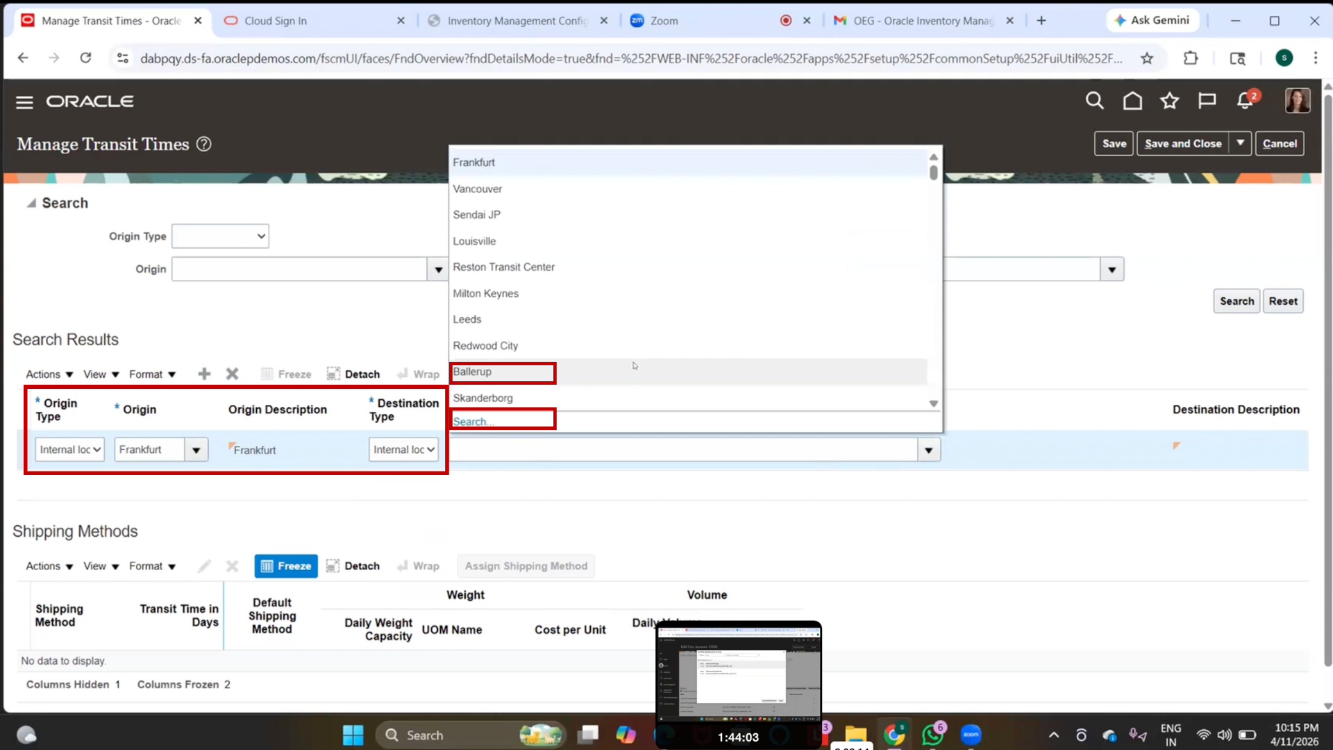 Oracle transfer type shipment transit duration setup