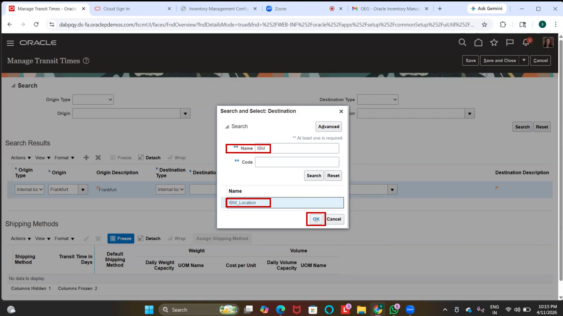 Save transit shipment configuration in Oracle stock management