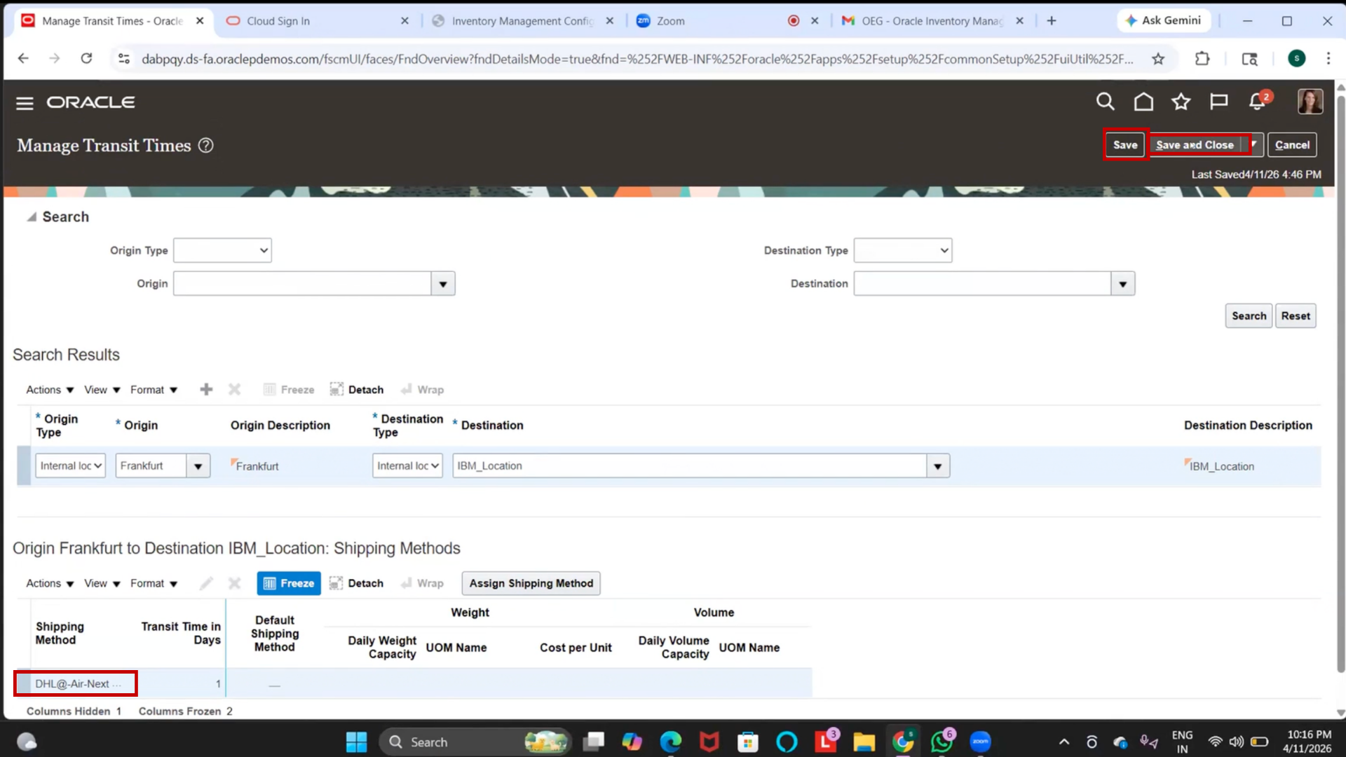 Save transit shipment configuration in Oracle stock management