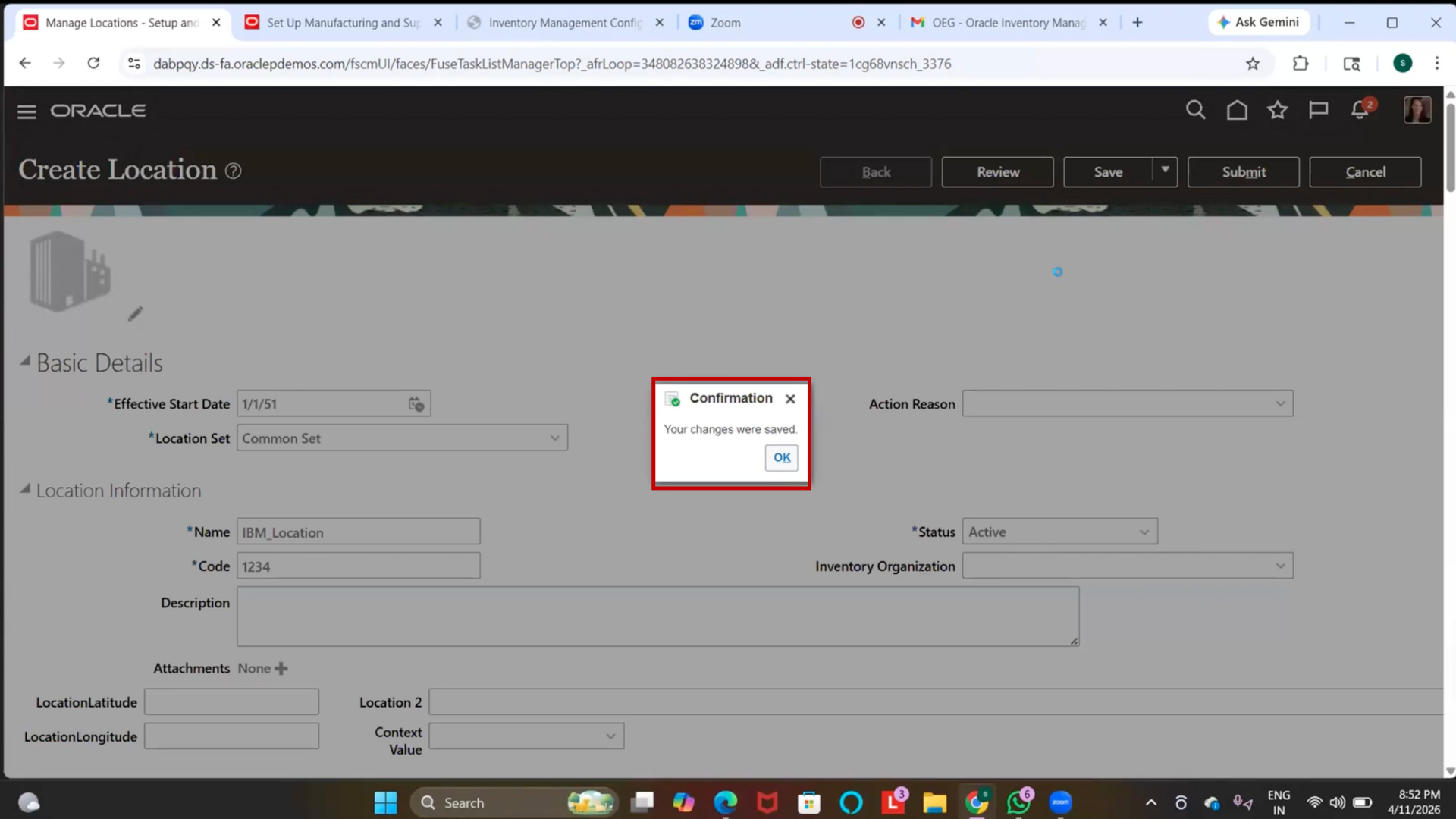 Oracle Location Save Confirmation