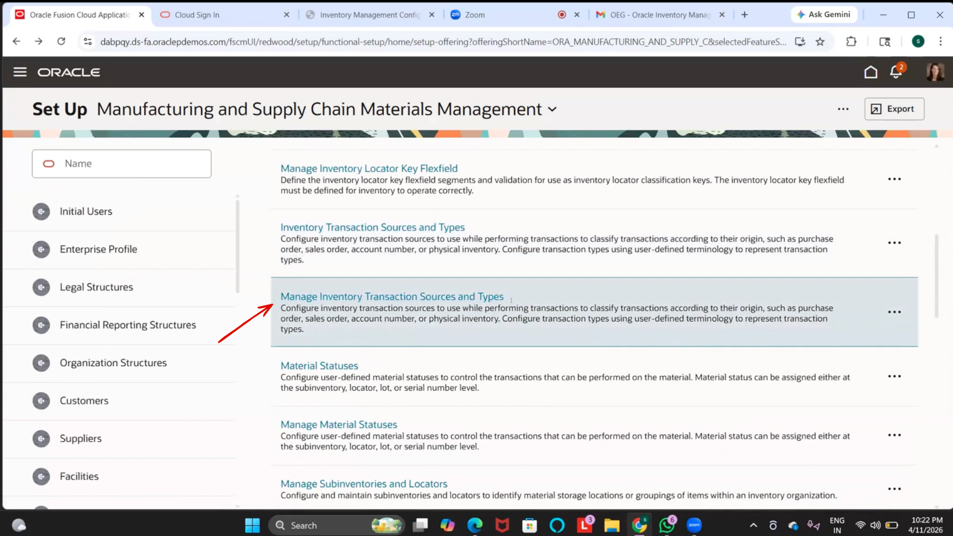 Oracle inventory management transaction type configuration screen