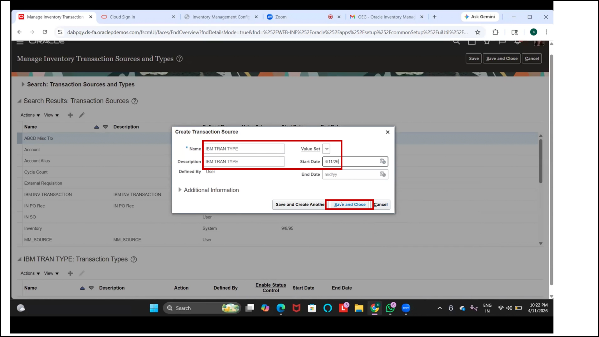 Save inventory transaction type in Oracle Cloud Inventory.