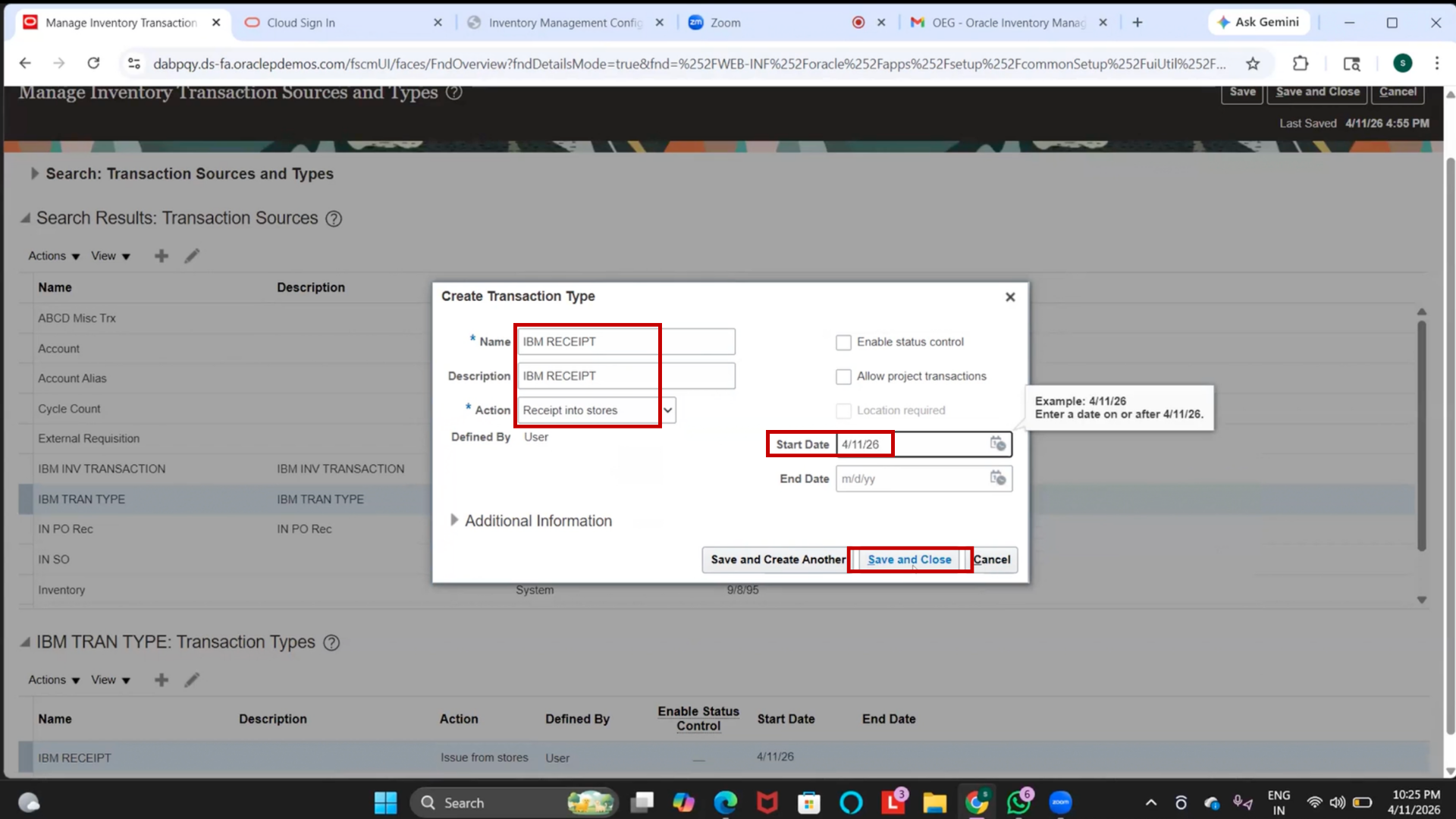 Save receipt transaction type in Oracle inventory system