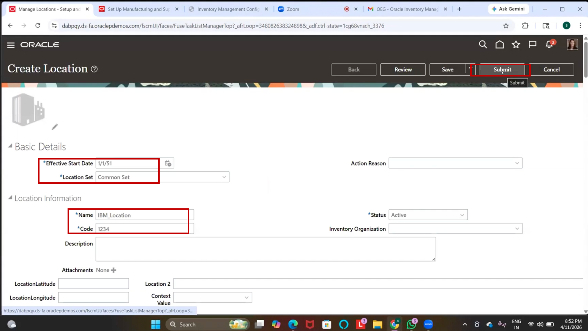 Submit Inventory Location