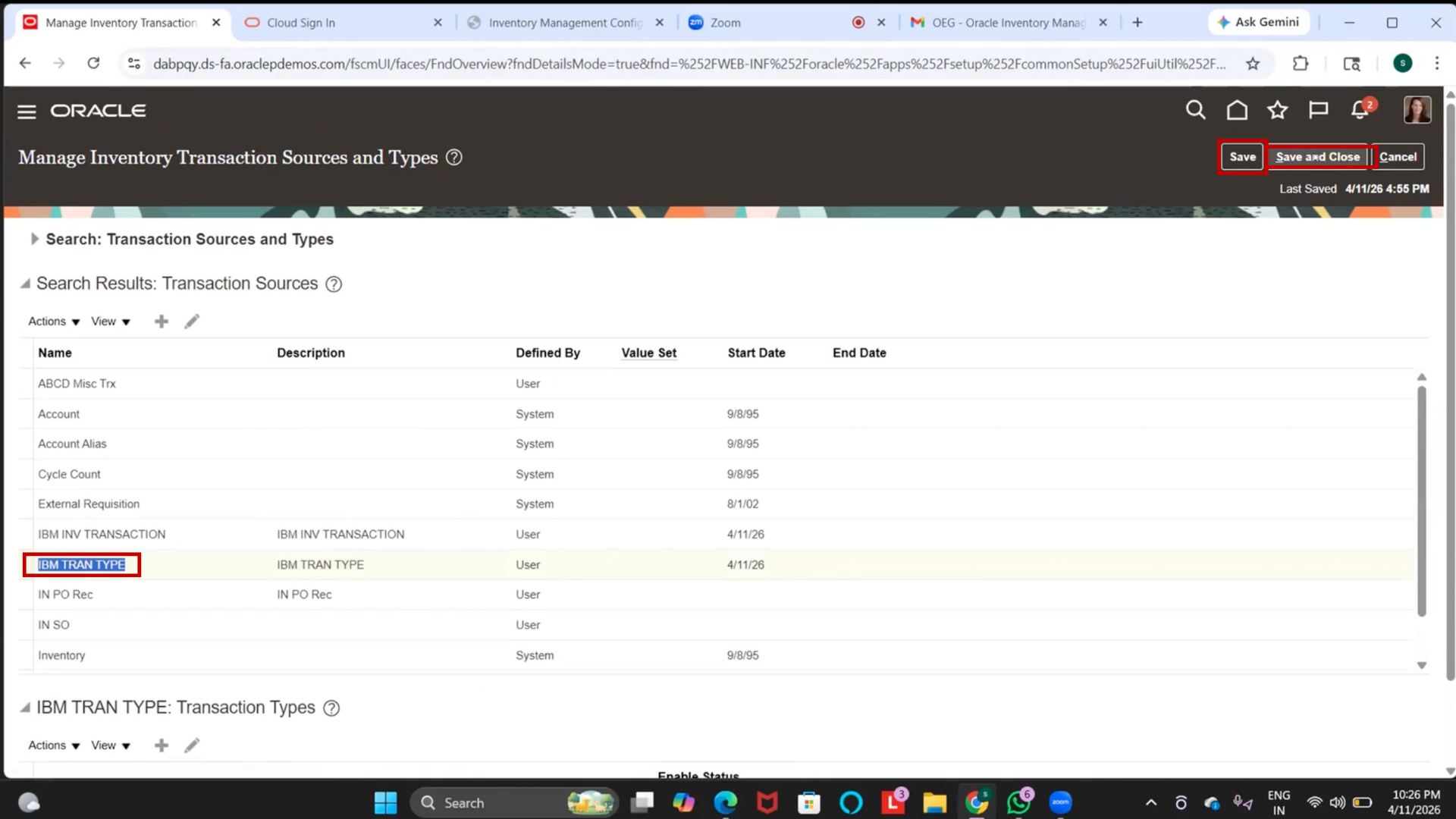 Save issue transaction type in Oracle inventory organization